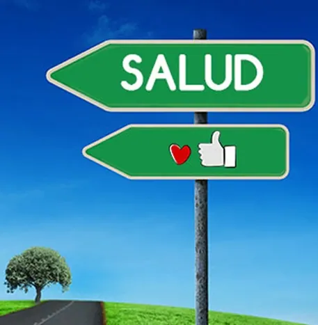 Cartel indicador con la palabra «Salud» bajo un cielo azul