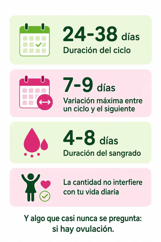 Infografía del ciclo normal: dura entre 24 y 38 días; la variación máxima entre un ciclo y el siguiente es de 7 a 9 días; el sangrado dura entre 4 y 8 días; la cantidad no interfiere con tu vida diaria. Y algo que casi nunca se pregunta: si hay ovulación.