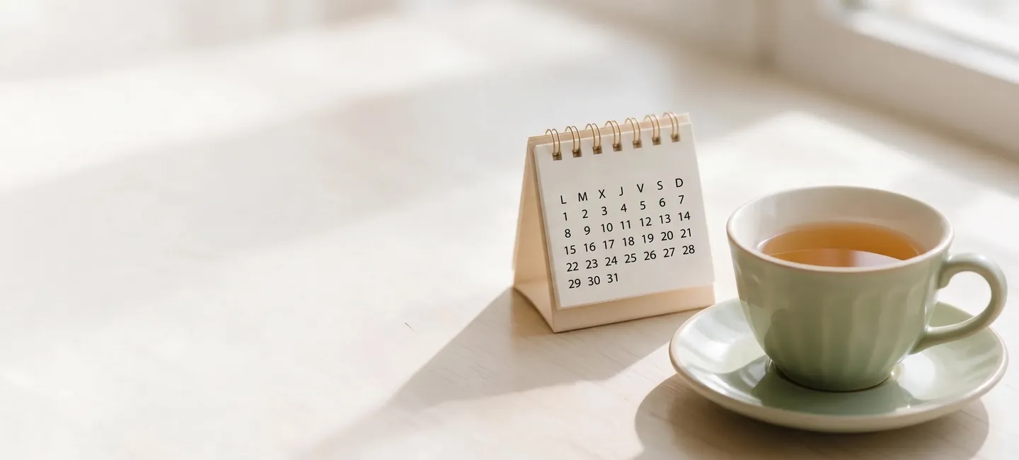 Calendario de mesa en blanco y una taza de té sobre una mesa de madera clara