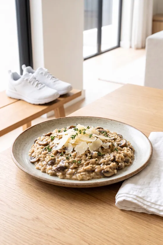 Plato de risotto de setas con parmesano en la mesa y unas zapatillas de correr en el banco de al lado