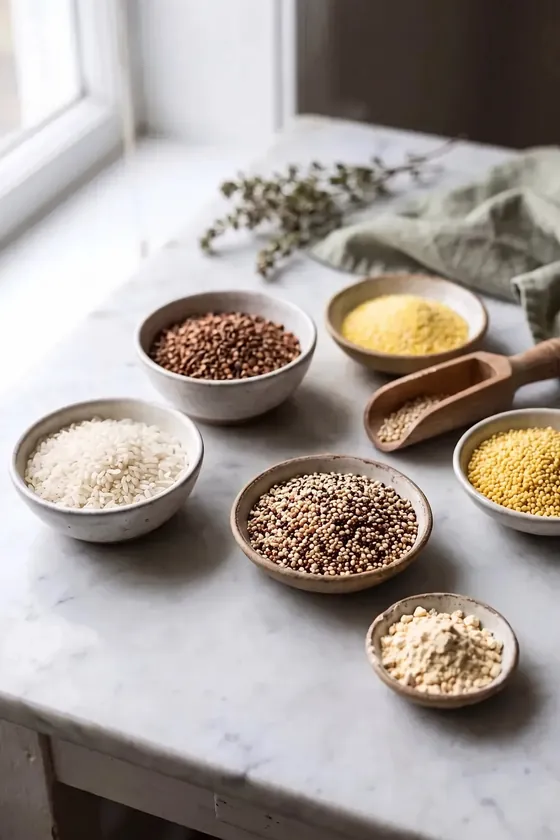 Cuencos de arroz, quinoa, trigo sarraceno, mijo, polenta y harina de garbanzo sobre una encimera de mármol