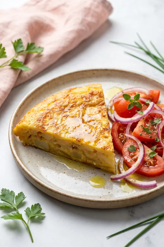 Porción de tortilla de patatas con ensalada de tomate y cebolla morada
