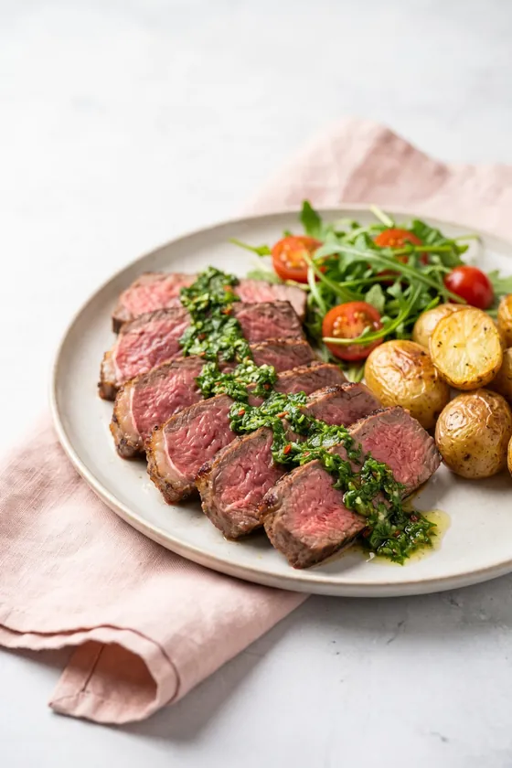 Lonchas de solomillo de ternera a la plancha con patatitas asadas, chimichurri y ensalada de rúcula