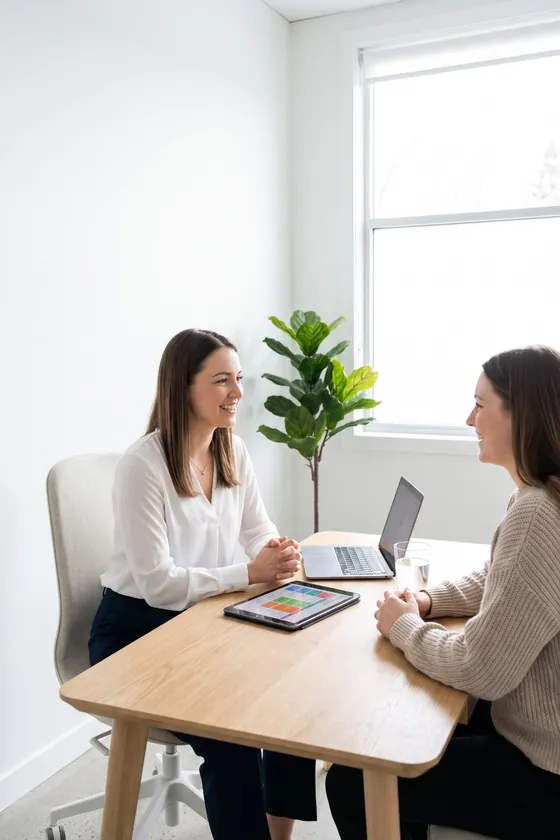 Nutricionista conversando con una paciente en una consulta luminosa, con un portátil y una tableta sobre la mesa