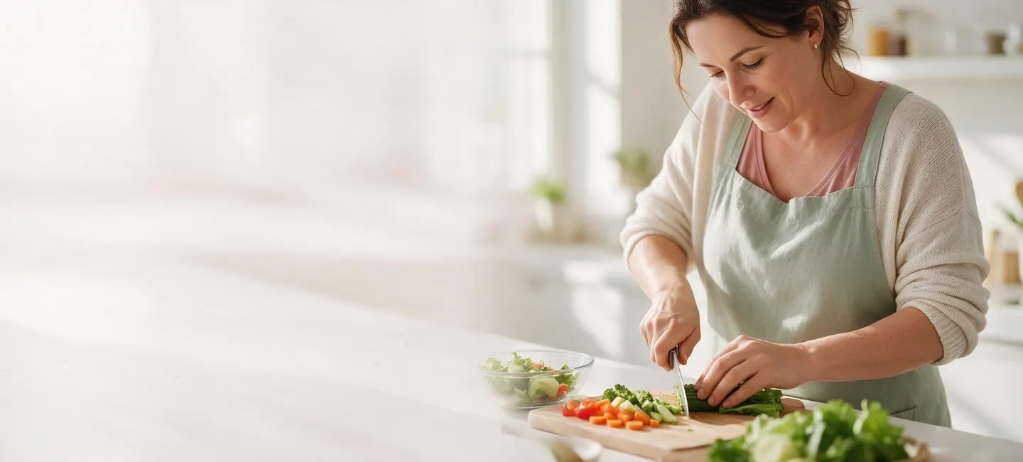 Mujer cortando verduras en una cocina luminosa, con ropa cómoda y gesto relajado