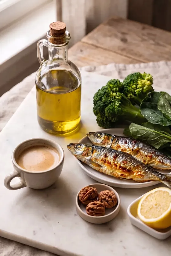 Aceite de oliva virgen extra, sardinas frescas, brócoli, espinacas, nueces, medio limón y un café solo sobre mármol