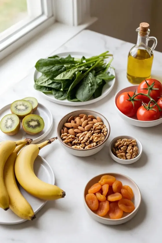 Plátanos, kiwis, espinacas, tomates, frutos secos y orejones junto a una botella de aceite de oliva sobre la encimera