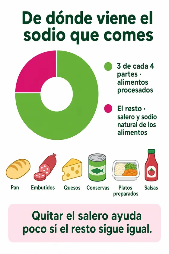 Infografía: tres de cada cuatro partes del sodio vienen de alimentos procesados (pan, embutidos, quesos, conservas, platos preparados y salsas) y el resto del salero y del propio alimento. Quitar el salero ayuda poco si el resto sigue igual