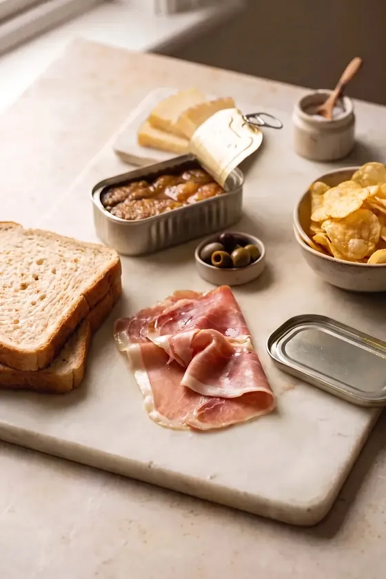 Tabla con pan de molde, jamón, queso curado, una lata de conserva, aceitunas y patatas fritas, alimentos ricos en sodio