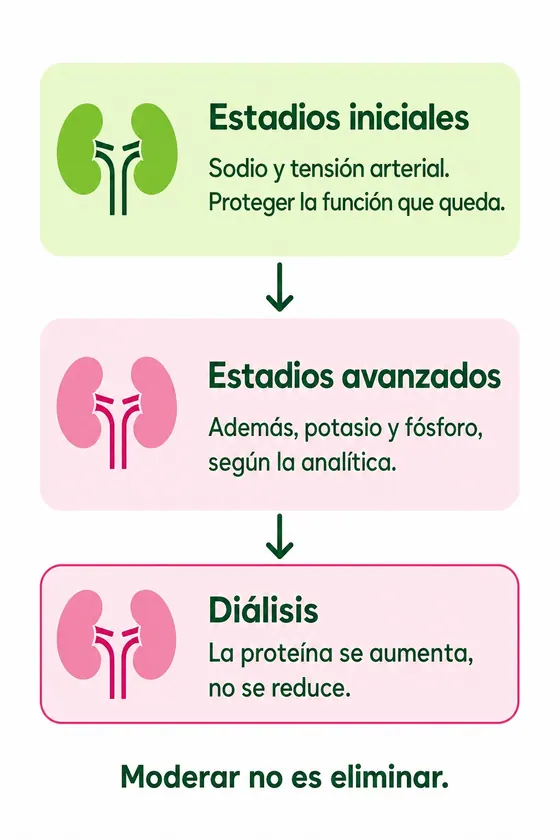 Infografía de la dieta según el estadio: en estadios iniciales, sodio y tensión arterial para proteger la función que queda; en estadios avanzados, además potasio y fósforo según la analítica; en diálisis, la proteína se aumenta, no se reduce. Moderar no es eliminar.
