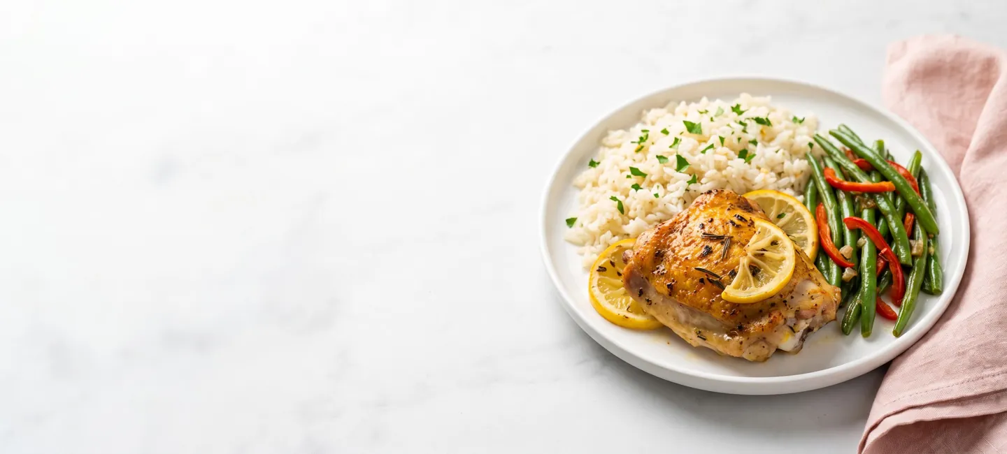 Contramuslo de pollo asado al limón con arroz blanco y judías verdes con pimiento, en una ración moderada