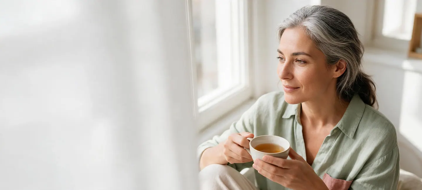 Mujer de unos cincuenta años tomando un té junto a una ventana luminosa