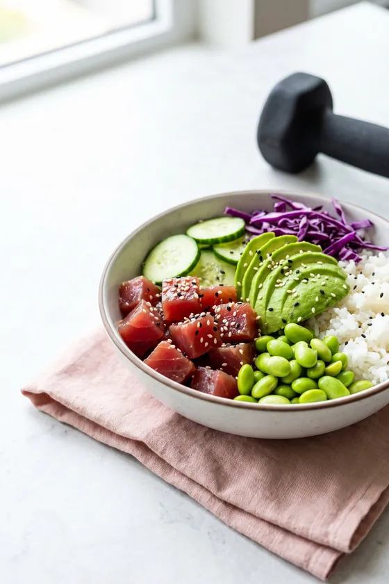 Poke de atún con edamame, aguacate, arroz y pepino, con una mancuerna al fondo