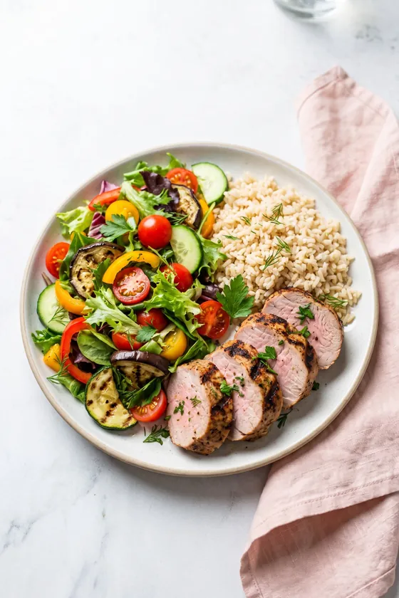 Plato equilibrado: mitad verduras y ensalada, un cuarto de solomillo de cerdo a la plancha y un cuarto de arroz integral