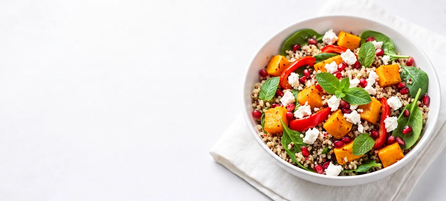 Ensalada de quinoa con calabaza asada, pimiento rojo, feta, espinacas y granada