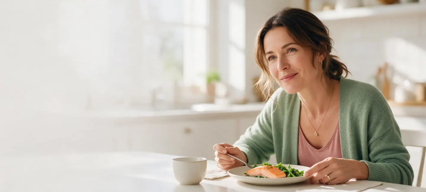 Mujer sentada a la mesa con un plato de salmón y verduras verdes