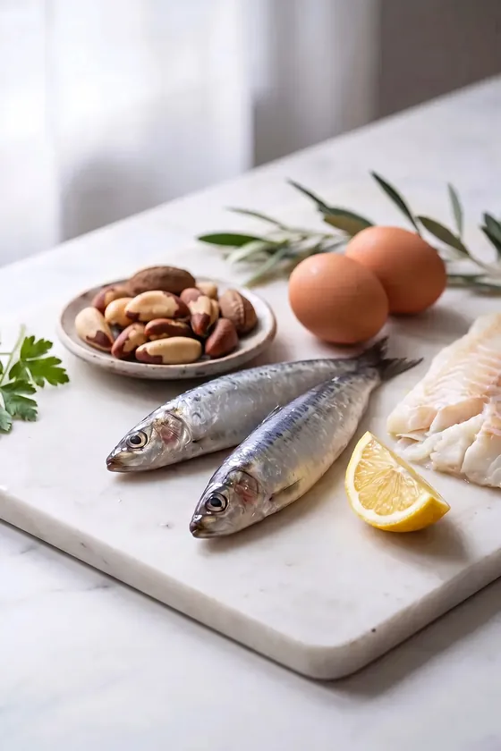 Sardinas, nueces de Brasil, huevos y pescado blanco sobre una tabla de mármol