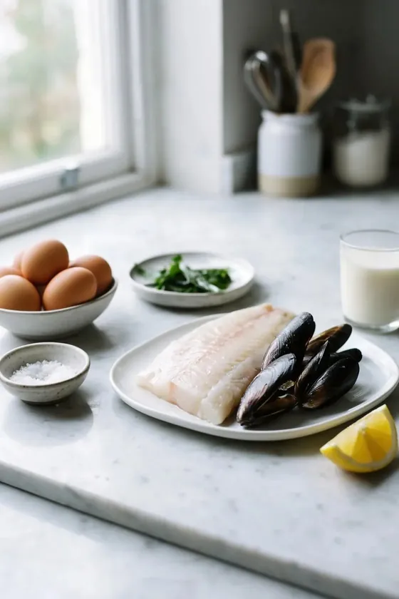 Pescado blanco, mejillones, huevos, alga kombu, sal y un vaso de leche sobre una encimera de mármol