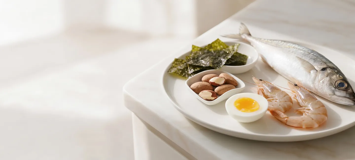 Encimera de mármol con marisco fresco, huevo cocido, nueces de Brasil y algas