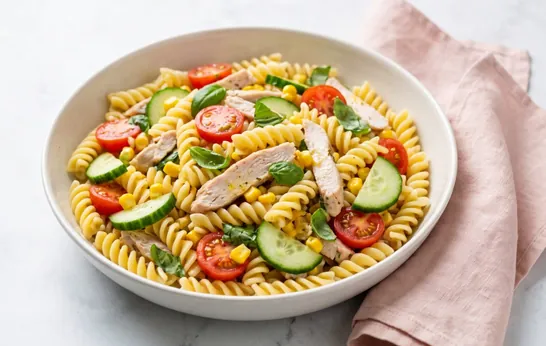 Ensalada de pasta con pavo, tomates cherry, pepino, maíz y albahaca, baja en grasa