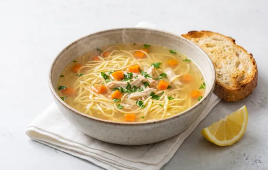 Cuenco de sopa de pollo con fideos y zanahoria, con limón y una rebanada de pan tostado