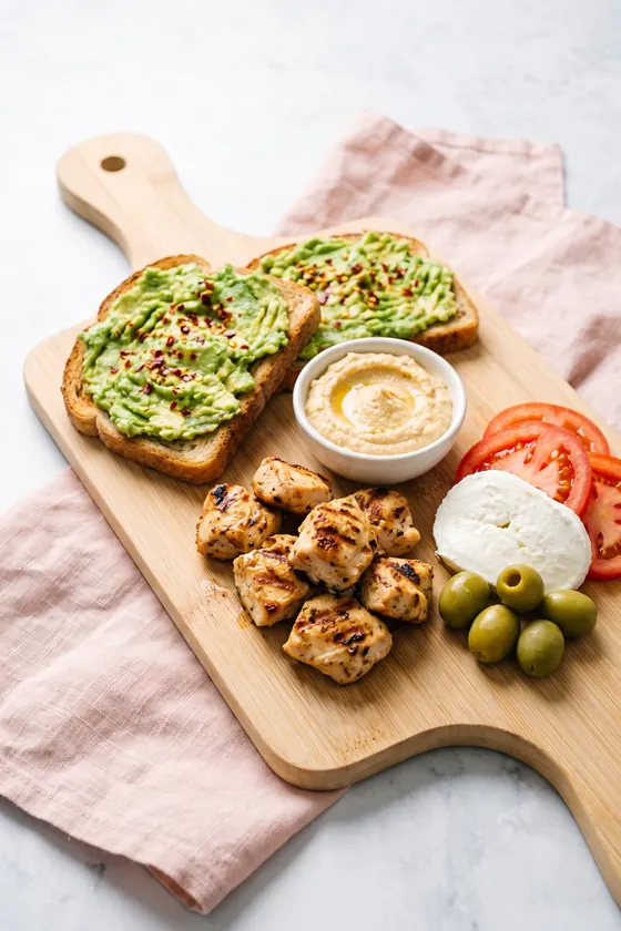 Pequeñas raciones en una tabla: tostadas de aguacate, pollo a la plancha, hummus, queso fresco con tomate y aceitunas