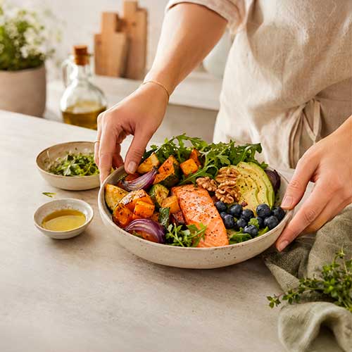 Mujer preparando una ensalada saludable para una dieta antiinflamatoria